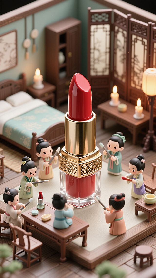 一个巨大的口红，古风小人围绕玻璃罐制作口红，背景古风卧室