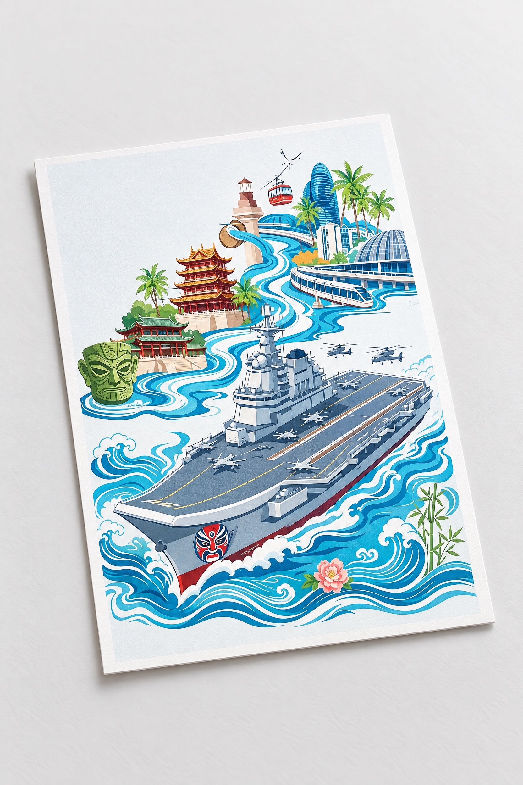 将这张插画作为主图案，印在一张竖版明信片的正面。明信片为哑光卡… - 图片创意预览
