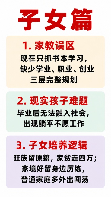 在原图基础上修改，删除第四个玫粉色标签框"子女培养方向"，仅保留前三个标签框，保持前三个标签框的内容、颜色、排版完全不变，背景保持浅灰白色干净纯色，整体版式协调，中老年大字版，超大粗黑体，无多余装饰，预览效果