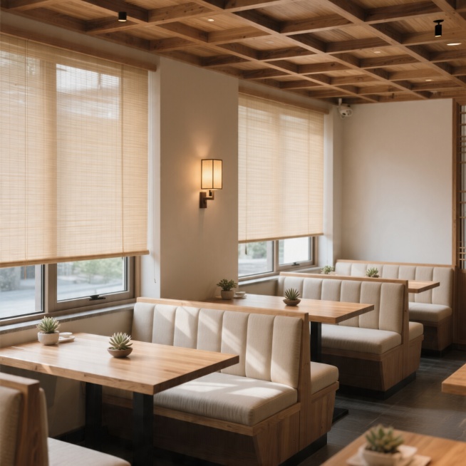 新中式禅意一楼室内就餐区连排靠窗卡座，浅原木色桌面搭配软包卡座，墙面挂着浅米色竹帘做软隔断，天花板木梁搭配原木色方格吊顶，暖色壁灯打在墙面上，桌面摆放小多肉绿植，整体自然温润，浅色调新中式风格预览效果