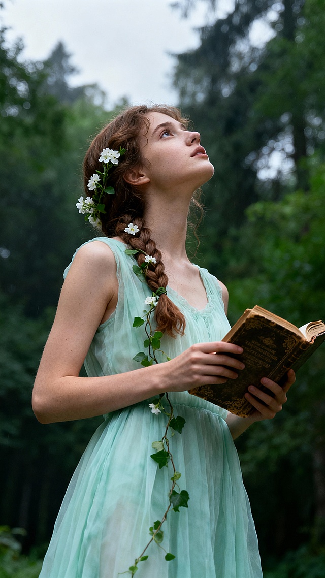森系法国少女写真，低角度仰拍，浅薄荷绿雪纺无袖长裙，棕色编发点缀白色小花与绿藤，手持复古旧书，背景是茂密的绿色森林（阴天环境）。画面清透氧气感，大光圈虚化背景，人物自然松弛的抬头互动感，后期降低饱和度，绿色调偏青绿 / 墨绿，肤色清透暖调，增加柔光朦胧感”，皮肤白皙