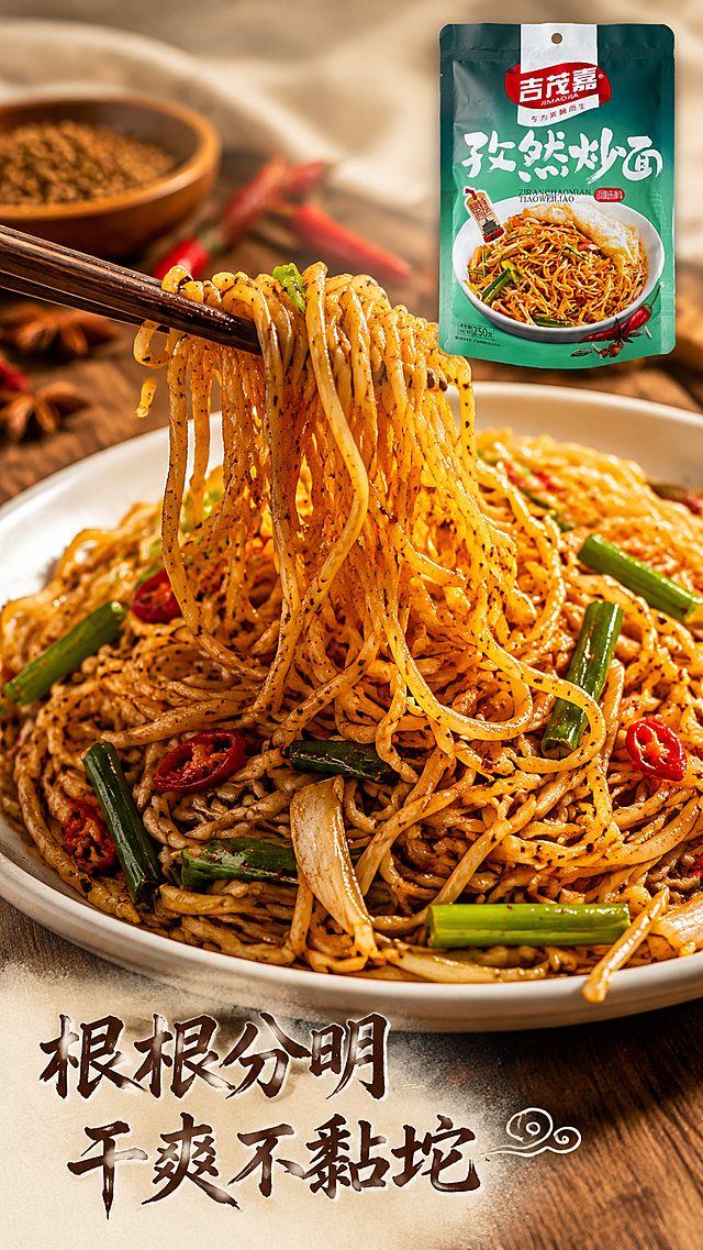 「图片1」，生成详情页，商品名称是孜然炒面调味料，卖点是1.口味卖点｜还原夜市小摊风味，精选孜然粒+孜然粉黄金搭配，搭配辣椒、白芝麻、复合香辛料，焦香孜然味浓郁，不发苦、不发柴。咸鲜酱香配比到位，炒完面条干爽不黏坨，复刻路边摊孜然炒面经典口感。2.省心便捷卖点｜懒人、租房党，复合配比粉料，无需额外加盐、生抽、蚝油、五香粉。面条配菜炒熟，倒入料包翻炒几十秒即可出锅，不会过咸过淡，厨房小白零失败。3.原料卖点｜健康安心，优选整粒孜然现磨，无香精、无工业调味粉、廉价碎料掺假，香料原汁原味，炒的时候香味自然迸发。风格是简单大气陕西特色风格，适配拼多多平台，单图比例为9:16，需求屏数为8张。