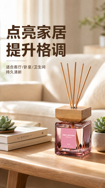 [第5屏] 无火香薰家居场景使用效果展示。
[氛围/风格] 温馨家居氛围感，自然原木风，暖调光影，真实生活化场景，高级松弛感。
[元素布局] 使用图1的小苍兰款无火香薰，摆放在客厅原木茶几上，周围搭配预览效果