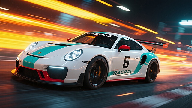 一辆白色为主、搭配蓝绿色条纹和红色细节的赛车，车身流线型设计，车头灯明亮，车身上有数字“6”和“RACING”字样，在不同的赛车场景背景中高速行驶，背景呈现出强烈的动感光效，有黄色、橙色的光线拖尾，营造出夜晚赛车的速度感和激情氛围，整体画面色彩对比鲜明，光影效果强烈，具有高度的视觉冲击力和真实的3D质感。
