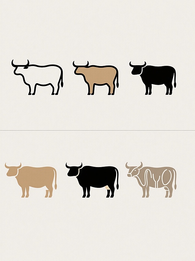 极简风格的六个牛造型设计，上下两行各三个整齐排列，每个牛均采用不同配色、不同样式和不同材质，背景为浅色，整体设计简洁现代，线条流畅，每个牛的轮廓清晰，具有独特的视觉识别度，适合用于品牌标识或装饰元素。