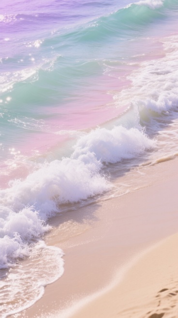 高清航拍视角下的海浪拍打沙滩特写，海浪以渐变的紫罗兰色、玫瑰粉与薄荷绿交融呈现，浪花保持纯净的白色泡沫质感，沙滩为温暖的米金色，整体色调梦幻柔和，海水透明度高，波浪纹理清晰可见，光影明亮且带有自然的漫反射效果，营造出宁静而浪漫的海边氛围。预览效果