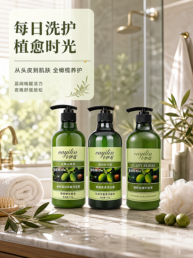 [商品] 使用【图1】洗发露、【图2】沐浴露、【图3】护发素三款产品；瓶身外观、Logo、标签文字与原图完全一致。
[画面] 页面目标：居家浴室场景种草，营造日常洗护的美好生活方式氛围。构图：场景沉浸型，现代简约浴室环境，大理石台面与木质浴柜，三款产品自然摆放在洗手台/淋浴架上，旁边搭配橄榄枝叶、白色毛巾、浴球等道具。产品占画面约35%。前景：台面细节与水珠；中景：三件套产品与浴室陈设；后景：窗户自然光与绿植虚化。景别：全景中景，展示完整场景。
[视觉] 套系策略：风格=清新自然植萃风高级商业摄影；标题字=优雅衬线粗体；正文字=简洁无衬线体；主色=橄榄绿；背景延展=基于橄榄绿做深浅层级渐变、水光质感与植物叶片纹理叠加；强调色=暖金色，仅用于小面积图标、引线和标签高光；标题色=深橄榄绿；正文色=中暖灰；组件=圆角浅绿信息卡、细线引线；光影=自然窗边柔光，温暖明亮，物体投影自然。
[文字] 左上叠加半透明浅绿信息卡，主标题「每日洗护 植愈时光」，副标题「从头皮到肌肤 全橄榄养护」，下方2行短文案：晨间唤醒活力 夜晚舒缓放松。文字不遮挡产品主体。
[规格] 图片比例3:4竖版，4K分辨率，负向提示：避免产品变形、标签文字错乱、场景杂乱、冷色调、文字过小、绝对化用语。