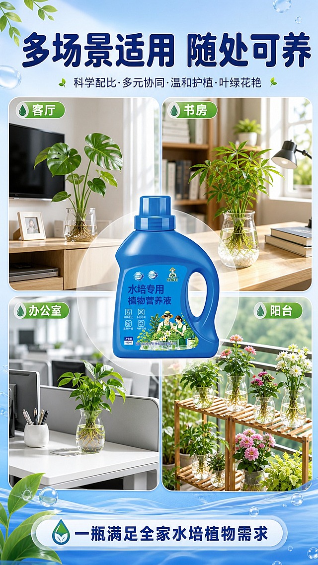 [商品] 使用【图1】欣福君水培专用植物营养液蓝色瓶装；保留瓶身全部结构、颜色、Logo与标签文字，产品位于画面中心偏下。
[画面] 页面目标：多场景拼图，展示产品适用多种空间场景。构图：2×2四宫格场景拼图，中心叠加产品图。景别：每格为场景中景。四格场景分别为：客厅电视柜旁的水培绿植、书房书桌上的水培盆栽、办公室工位的水培小植物、阳台花架上的水培花卉。产品图悬浮在四格中心，做半透明圆形底衬托。
[视觉] 套系策略：风格=清新自然绿植风商业详情页；标题字=粗黑体圆润字形；正文字=简洁无衬线黑体；主色=产品瓶身宝蓝色；背景延展=基于宝蓝色做浅蓝渐变、同色深浅层级，搭配绿色植物元素与透明水波纹质感；强调色=嫩叶绿，仅用于小面积图标、引线、标签和植物装饰；标题色=深宝蓝；正文色=深灰蓝；组件=圆角半透明信息卡、细线引线、水滴形图标；光影=左前侧柔和自然光。
[文字] 顶部主标题"多场景适用 随处可养"，四格分别标注"客厅""书房""办公室""阳台"，底部补充"一瓶满足全家水培植物需求"；文字全部横向排版。
[规格] 图片比例9:16竖版，resolution=1K，quality=high；避免变形、错字、文字过小、产品颜色改变。
