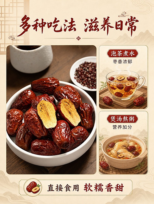 [商品] 使用【图6】白碗装红枣（含切面）图；保留红枣外形、颜色、切面细节，白瓷碗、背景茶具等元素；不修改产品外观、不重绘、不调色。
[画面] 目标：场景种草，展示多种食用方式。构图：左产品右场景拼图，左侧主图占50%，右侧上下两个小圆角卡片分别展示泡茶、煲汤场景插画示意；背景暖米色+中式窗格纹样，营造居家养生氛围。
[视觉] 套系策略：风格=中式国潮食品详情页，实拍产品+国风插画背景融合；标题字=商用免费书法体（站酷快乐体/汉仪尚巍手书类风格）；正文字=思源黑体商用免费字体；主色=枣红+暖米金；背景延展=暖米黄底色，搭配浅棕木纹、中式云纹、山形剪影做同色系深浅层级；强调色=深枣红，仅用于标题重点字、小图标、分隔线；标题色=深枣红；正文色=深棕；组件=圆角米白底信息卡、细金线边框、中式印章式标签；光影=左前侧暖柔光，产品自然阴影。
[文字] 顶部主标题"多种吃法 滋养日常"，右侧两个场景卡分别标注"泡茶煮水 枣香浓郁""煲汤熬粥 营养加分"，底部加"直接食用 软糯香甜"；所有文字横排，字号清晰可读。
[规格] 图片比例3:4竖版，4K分辨率，负向提示：避免产品变形、颜色改变、冷蓝背景、极限词、医疗功效、竖排文字、文字过小。