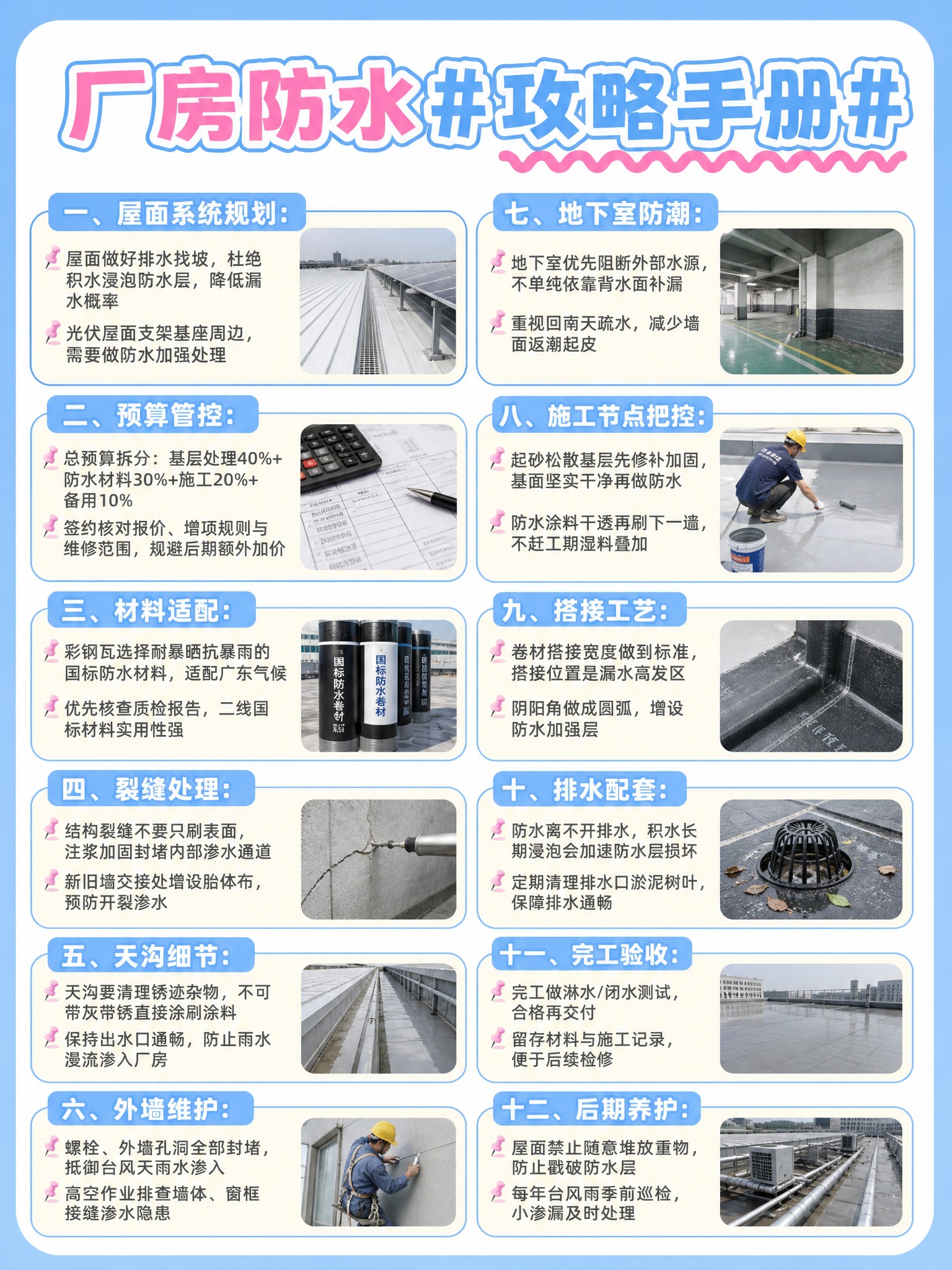 参考图的版式、配色和风格，将内容改为广东厂房防水攻略手册。顶部… - 图片创意预览