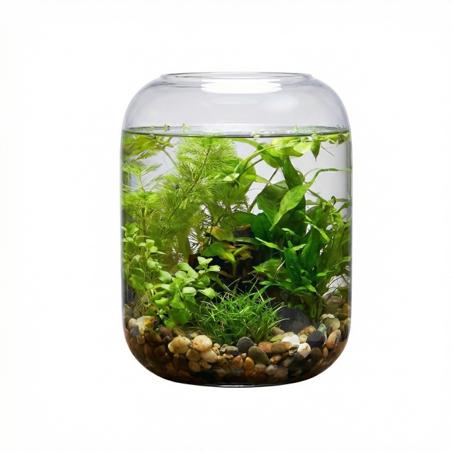 将背景替换为纯白色，保留完整的生态水培植物瓶及内部景观，去除画面中的文字、台灯、杯子、床头柜等其他元素，仅保留产品主体，800X800像素预览效果