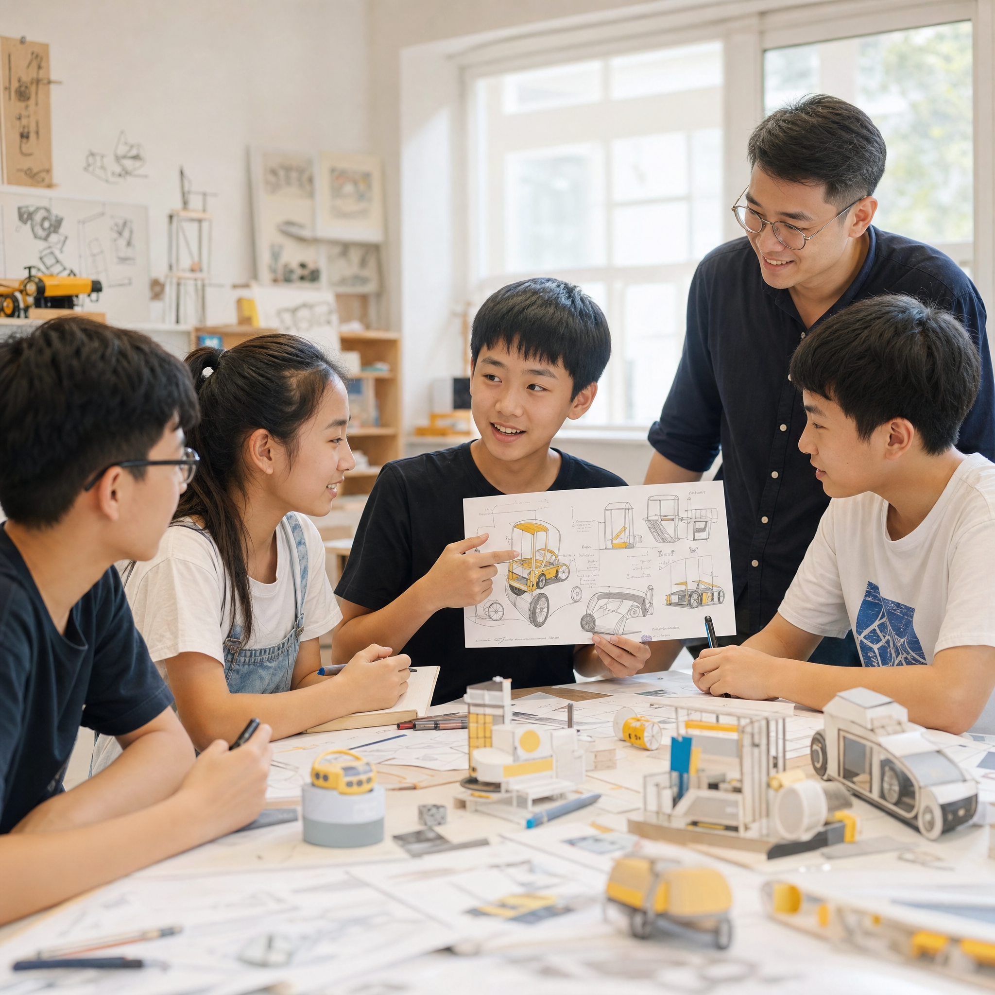 几个学生围坐在一起，正在进行热烈的讨论或展示他们的作品（可以是… - 图片创意预览