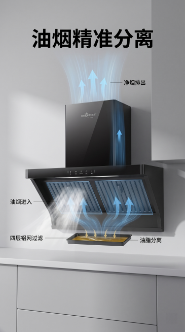 [主图-3] 抽油烟机油烟分离技术原理展示。
[氛围风格] 灰色厨房家居治愈风，科技专业，清晰直观
[画质] 商业摄影质感、光线柔和通透、产品清晰真实、画面干净高级。
[元素] 抽油烟机放置在浅灰色厨预览效果
