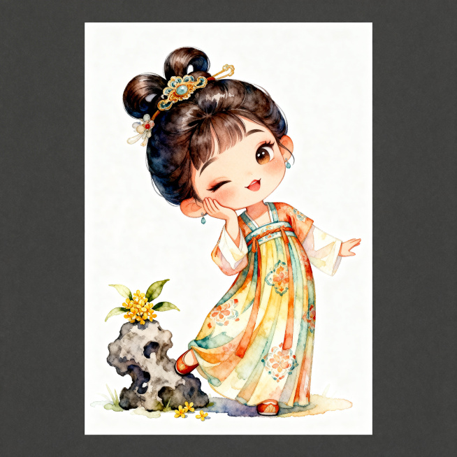 Q版卡通风格襦裙仕女图，Q版卡通风格，人物形象可爱，人物头发发髻部分写实，发髻装饰精致，裙子花纹艳丽清晰，突出仕女手摸脸的俏皮动作和脚旁的假山桂花。手摸脸表情俏皮妩媚，脚旁一块假山，假山上一簇桂花露出预览效果