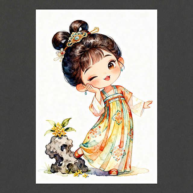 Q版卡通风格襦裙仕女图，Q版卡通风格，人物形象可爱，人物头发发髻部分写实，发髻装饰精致，裙子花纹艳丽清晰，突出仕女手摸脸的俏皮动作和脚旁的假山桂花。手摸脸表情俏皮妩媚，脚旁一块假山，假山上一簇桂花露出，水彩暖色系晕染，纯白背景风格
