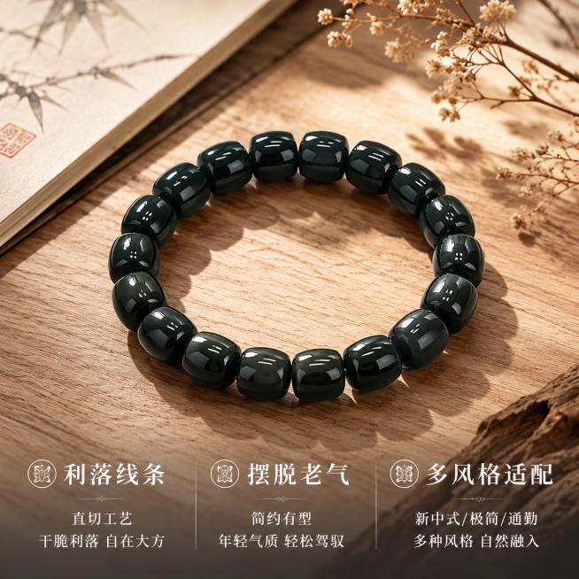 [主图-5] 塔青直切手串风格适配展示，氛围风格为多风格适配 现代简约国风，画质要求商业摄影质感、光线柔和通透、产品清晰真实、画面干净高级。塔青直切手串整体陈列在浅棕色木纹台面上，旁边点缀简约干花和宣预览效果