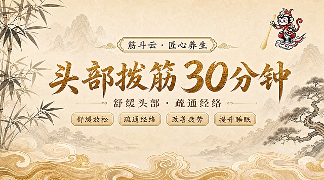 完全仿照参考图的版式、风格、配色、布局，制作头部拨筋20分钟的详情Banner。16:9横版构图，新中式禅意高端风格。米黄色宣纸质感背景，水墨山水远景，左侧水墨竹子，右侧水墨松树，底部金色祥云纹。顶部中央是"筋斗云·匠心养生"小标题，配祥云装饰边框。中央大标题"头部拨筋20分钟"，金色书法大字，与参考图字体风格完全一致。副标题"舒缓头部 · 疏通经络"，两侧带装饰线。下方四个圆角标签横向排列："舒缓放松""疏通经络""改善疲劳""提升睡眠"。右上角放置孙悟空卡通logo（站在筋斗云上、手持拨筋棒、红金配色），位置和大小与参考图一致。整体版式、配色、元素布局与参考图完全统一，仅修改文字内容和对应项目标签。画面中所有数字必须精确渲染，不得错位、遗漏或编造。画面中所有信息区域必须填充完整合理的内容，不得出现空白框或待填写区域。