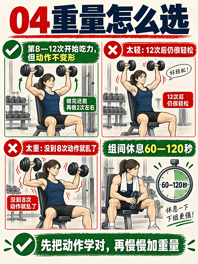 图生图局部编辑：将健身科普海报中所有男性人物统一替换为同一年轻女性形象：健康匀称的女性体型，扎低马尾，穿深蓝色运动上衣和黑色运动短裤、白色运动鞋。坐姿哑铃肩上推举（标准/太轻松/太重三种状态）和坐椅休息看秒表的人物全部换成同一女性。文字修改：把整张图最底部深绿色长条横幅内的“先把动作做稳，再慢慢加重量”改为“先把动作学对，再慢慢加重量”。其余所有文字必须原样保留：标题“04 重量怎么选”、绿色横幅“第8—12次开始吃力，但动作不变形”、红色横幅“太轻：12次后仍很轻松”“太重：没到8次动作就乱了”、绿色横幅“组间休息60—120秒”、对话气泡“好轻松！”及所有小标签、编号、排版布局、配色、哑铃和训练椅、秒表等元素完全不变。保持插画风格一致。