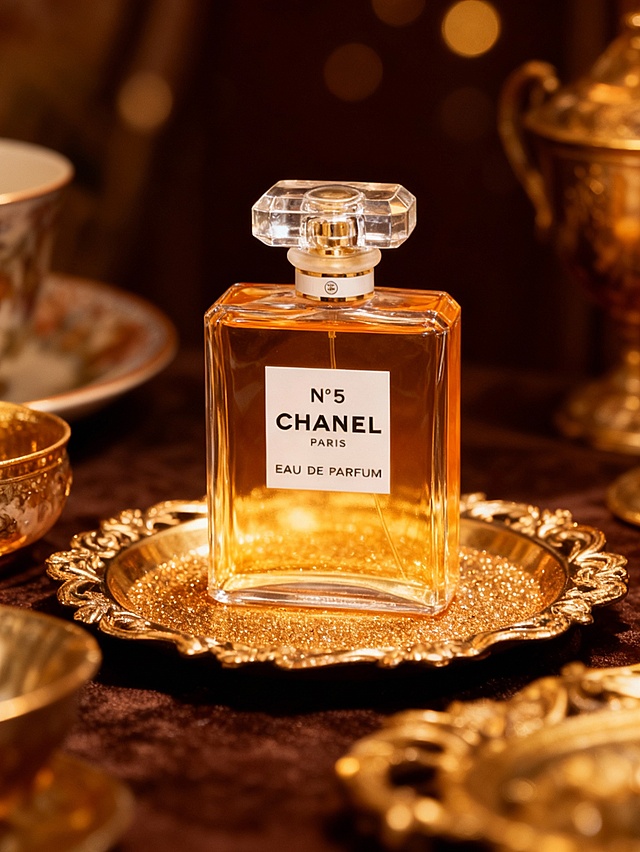 奢华复古高端产品商业摄影风格，华贵典雅的调性，画面整体采用暖金、深棕的奢华色系配色，暖调柔焦的散景光斑光影；主体置于金色闪粉雕花托盘，周围复古器皿与金色装饰强化华贵层次，背景散景光斑营造朦胧奢华氛围，暖调柔焦布光凸显主体的通透金质与精致细节，烘托高端复古的奢华氛围