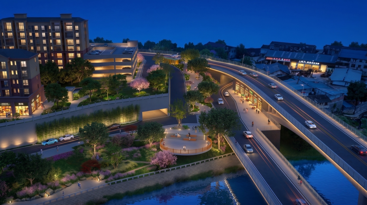 将图片生成夜景，夜间光环境，将水变蓝，模型渲染质感，夜晚蓝调时刻，照明大师出品，32K超清，原图视角，与原图视角一模一样，禁止改变原图内容，保持原构图预览效果