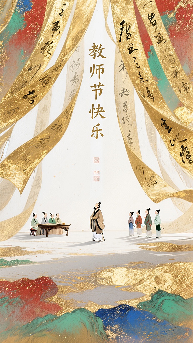 一个小小的夫子，旁边是一个学生。金色纱幔，写满毛笔字，神秘氛围，巨大的纱幔飞舞飘逸，强烈的立体感，渐变，白色，梦幻，意境。仰视，宏大场面，红绿蓝金，教师节快乐