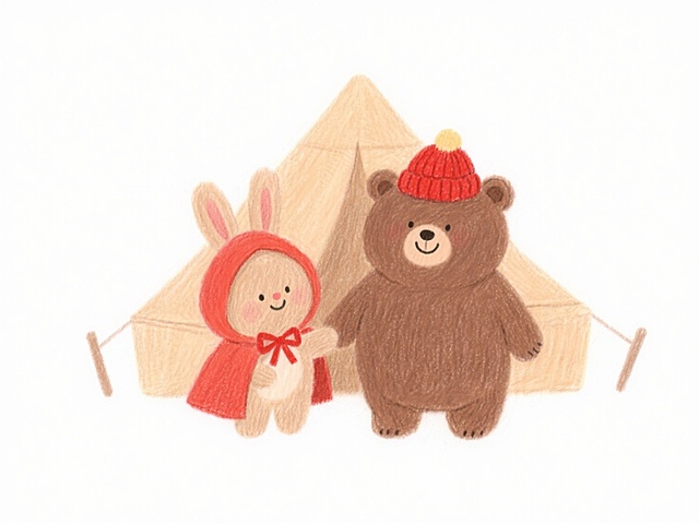 儿童绘本插画，画面中有一只熊和一只戴红色帽子的兔子，它们都有着可爱的表情，整体呈现出粗糙彩铅质感和手绘质感，色彩柔和温暖，构图饱满，充满童趣