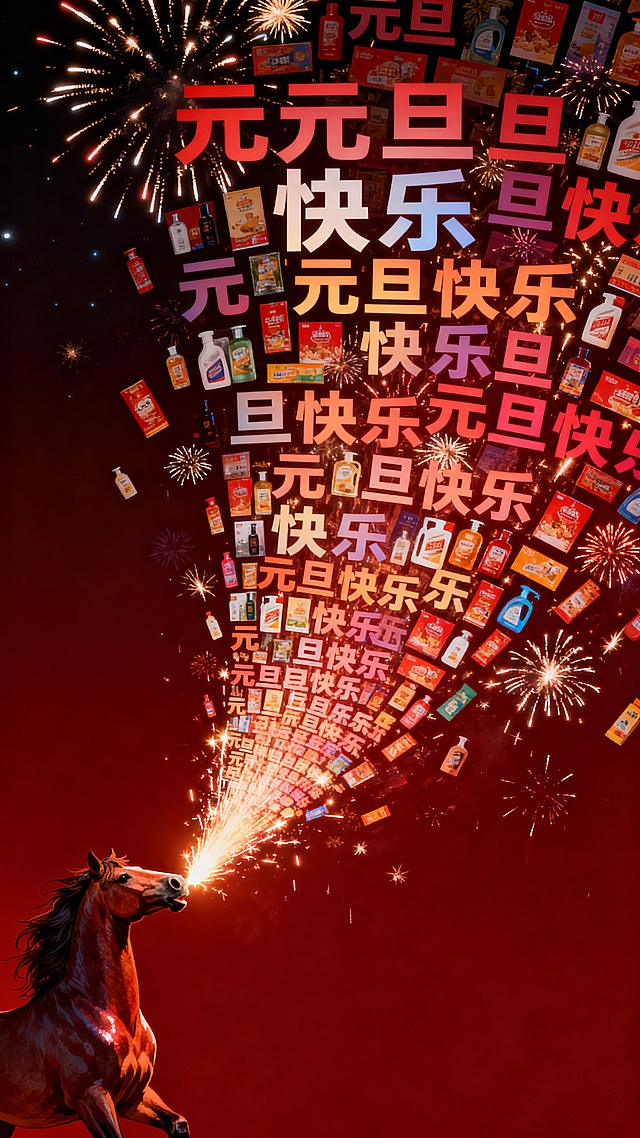 3D风格骏马喷射烟花，融合大字风“元旦快乐”与商品拼贴，营造喜庆梦幻的波普艺术视觉冲击。
