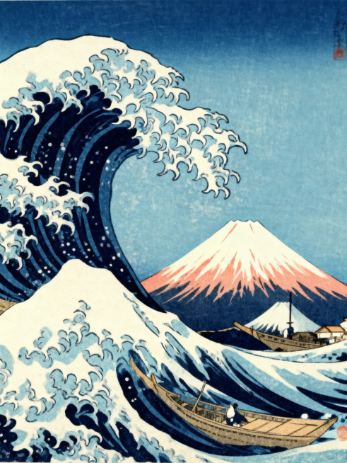 浮世绘风格，传统日式风景，海浪与富士山，经典版画纹理，平面构图，鲜明线条，雅致配色，充满日式传统美学预览效果