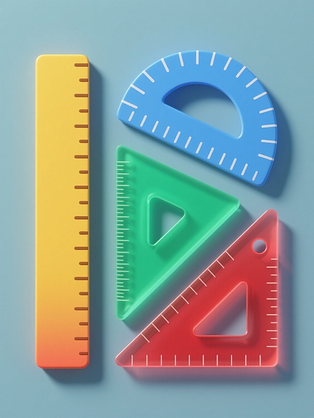 四个不同造型的3D尺子素材集合，规整排布在纯色背景上。第一个是黄色扁平风格直尺，带有棕色刻度线和渐变光影；第二个是蓝色波浪形曲尺，边缘圆润，刻度清晰；第三个是绿色三角尺，棱角分明，表面有磨砂质感；第四个是红色量角器，半透明材质，中心有圆孔设计。所有尺子保持统一的3D立体效果，光影自然，色彩明快，整体构图平衡对称，适合作为设计素材使用。