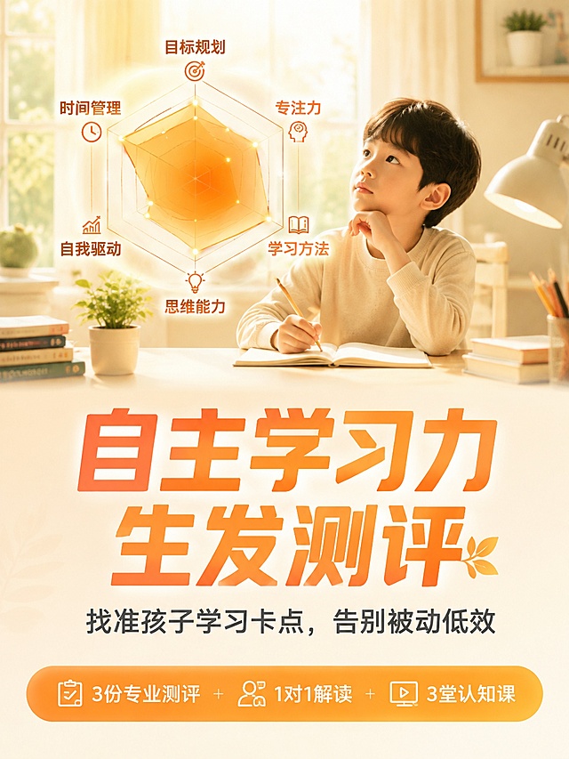 小鹅通详情页第1张-头图主视觉。教育服务类，自主学习力生发测评。暖色调温馨专业风格。画面上半部分是主视觉区：一个小学年龄段孩子坐在书桌前认真思考的暖光场景，窗外有柔和阳光，桌上有书本、台灯、绿植。画面中央叠加一个半透明的6维度雷达图，用橙黄色渐变线条呈现。主标题大号温暖橙色粗体字："自主学习力生发测评"，副标题在下方深灰色："找准孩子学习卡点，告别被动低效"。底部有一条橙黄色信息条，白色文字："3份专业测评 + 1对1解读 + 3堂认知课"。背景浅米色渐变。版式：上半部分场景+雷达图，中部大标题，底部信息条。文字清晰可读，移动端适配。商业海报质感。