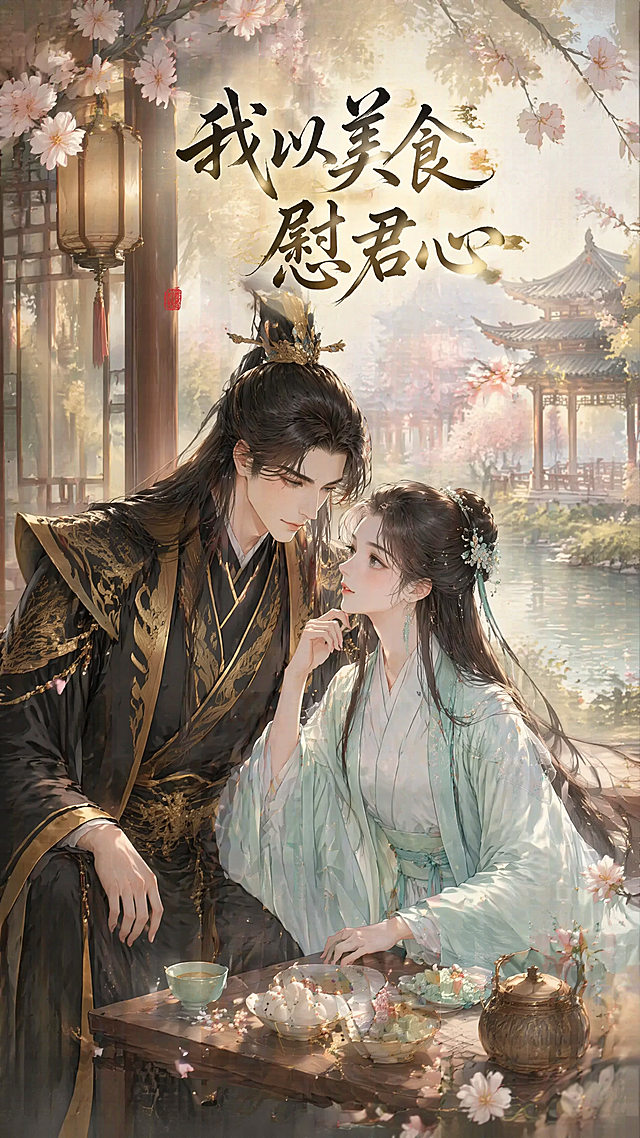 古风漫剧《我以美食慰君心》的9:16封面，背景为古风雅致的古风场景，不要纯白色，画面包含一位穿黑金色古风帝王朝服的男子和一位穿浅青色古风长裙的女子，画面上方添加剧名文字“我以美食慰君心”，古风插画风格，唯美氛围感