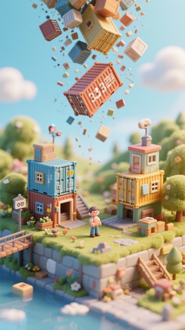 从天而降散落的集装箱，3d卡通画风，画面明亮预览效果