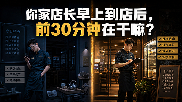 现代简约风格，商务管理感，深色背景，一家餐厅门口，分成左右两个对比场景：左边一个店长在刷手机、泡茶、懒散；右边一个店长在认真检查、记录、忙碌。中间用光线分割。整体色调偏冷，深蓝和灰色为主，局部用暖光突出右边的好店长，画面要有强烈对比感和层次感。加上醒目的大标题："你家店长早上到店后，前30分钟在干嘛？"，标题醒目有视觉冲击力，适合做公众号封面图