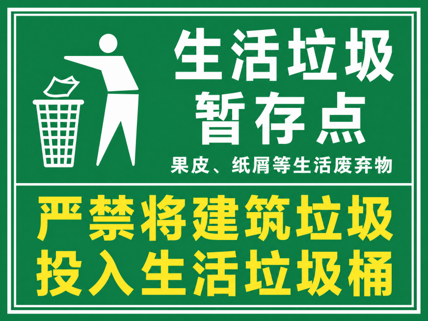 重新生成一张生活垃圾暂存点标识牌，绿色背景，白色边框，左上角有白色扔垃圾图标，文字内容：上方大字"生活垃圾暂存点"，小字"果皮、纸屑等生活废弃物"，下方黄色大字"严禁将建筑垃圾投入生活垃圾桶"，矢量清预览效果