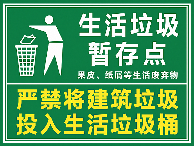 重新生成一张生活垃圾暂存点标识牌，绿色背景，白色边框，左上角有白色扔垃圾图标，文字内容：上方大字"生活垃圾暂存点"，小字"果皮、纸屑等生活废弃物"，下方黄色大字"严禁将建筑垃圾投入生活垃圾桶"，矢量清晰风格，可直接打印