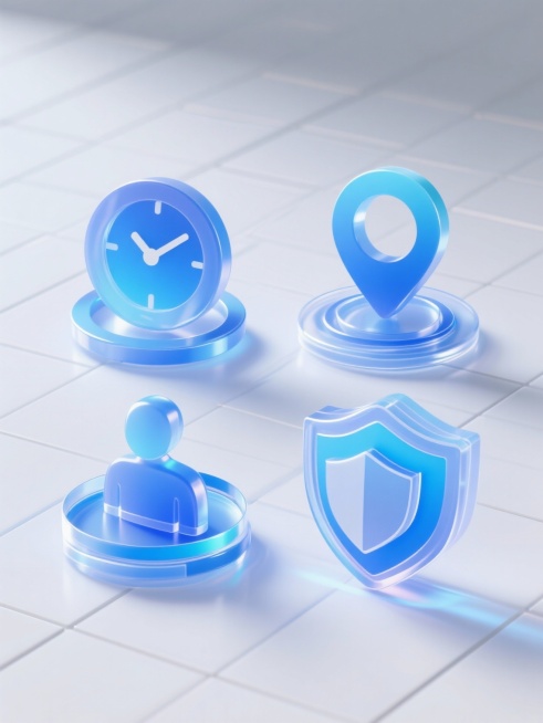 一套4个不同造型的防护元素系列图标，保持3D立体风格，透明渐变蓝色调，光滑高亮质感，白色背景，规整网格排布。第一个图标是时间元素，第二个是地点元素，第三个是人物元素，第四个是防护相关元素，所有元素均具预览效果