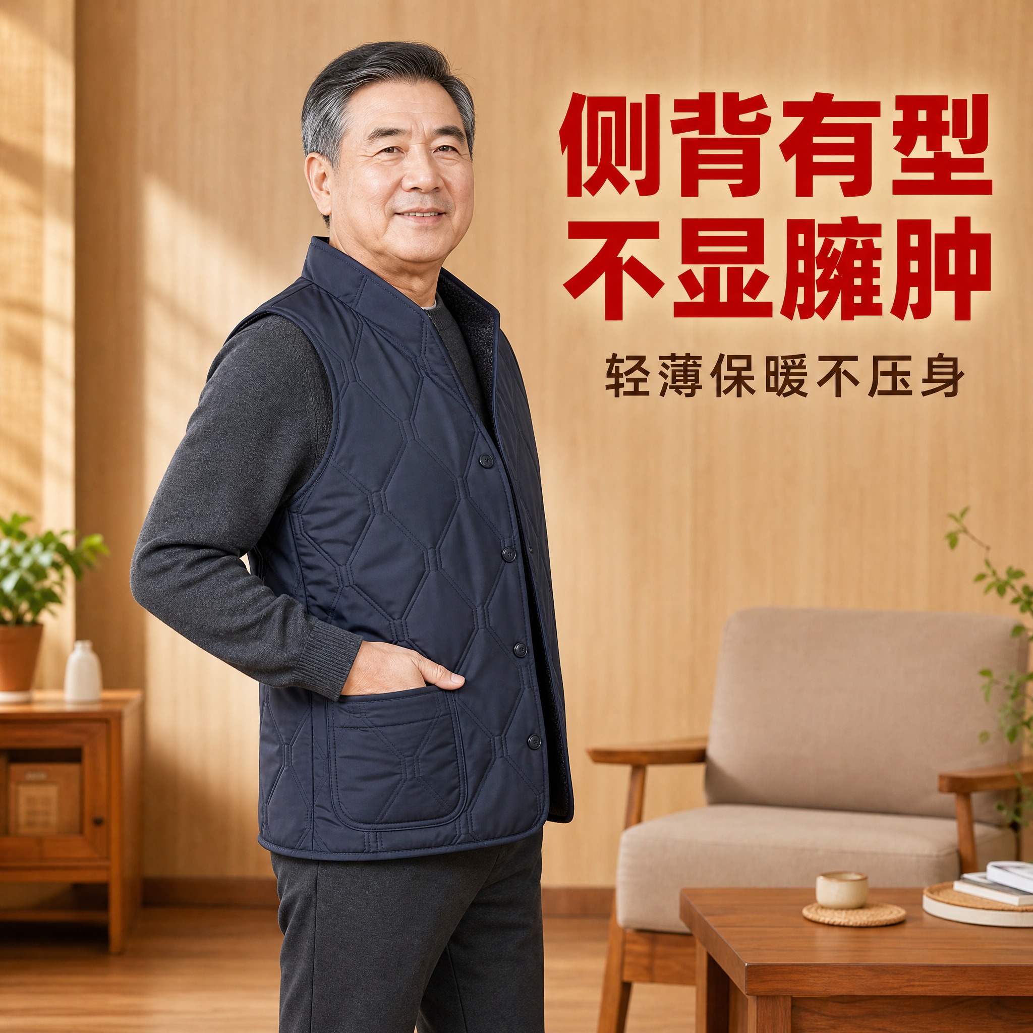 [主图-3] 中老年男士加绒马甲侧面+背面穿搭展示，突出整体版… - 图片创意预览