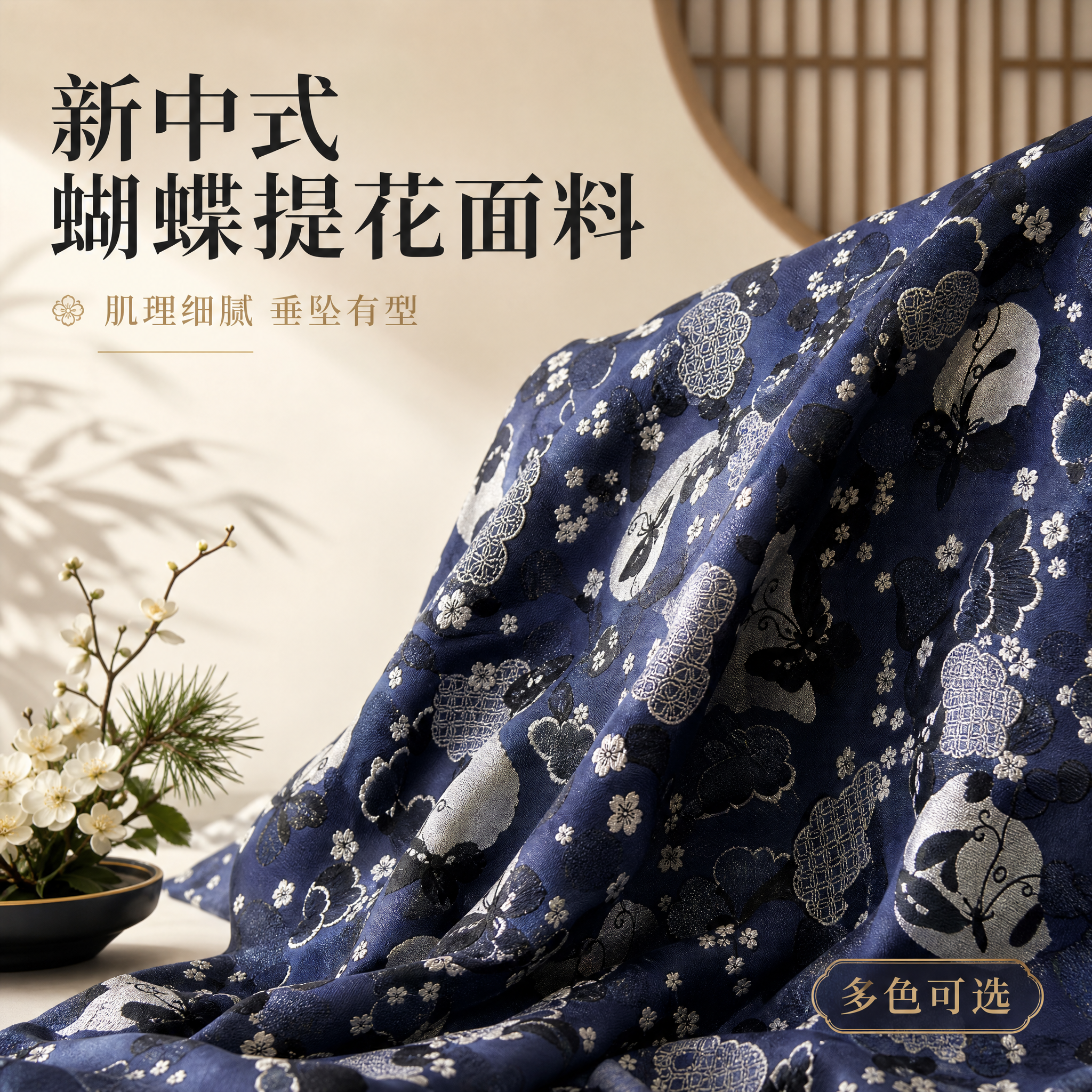 [主图-1] 新中式蝴蝶提花面料氛围主图，突出面料整体质感与花… - 图片创意预览