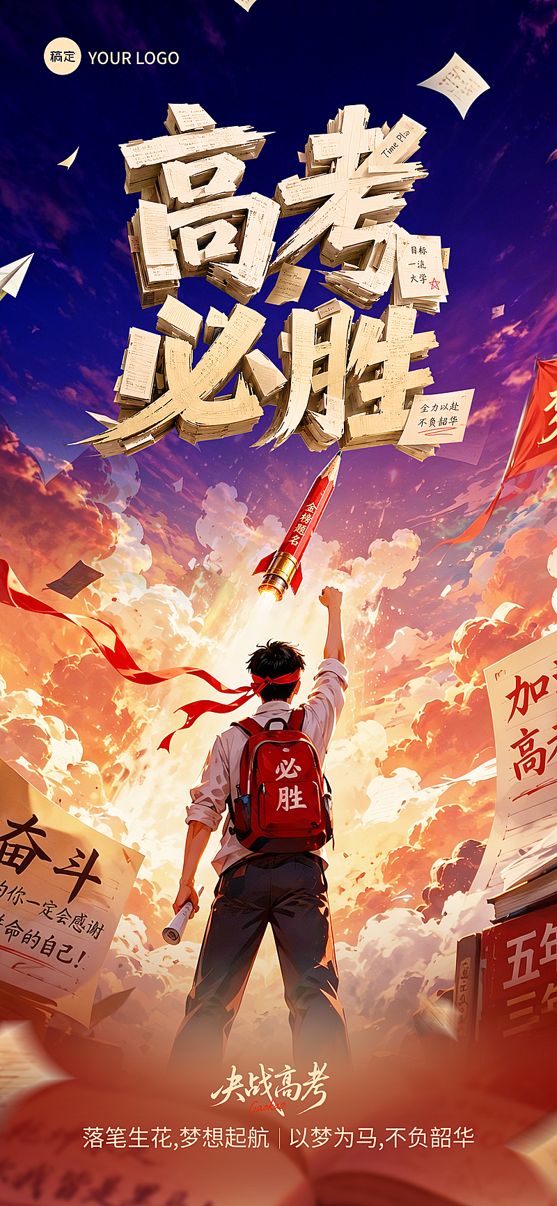 创意手绘高考必胜高考祝福全屏竖版海报