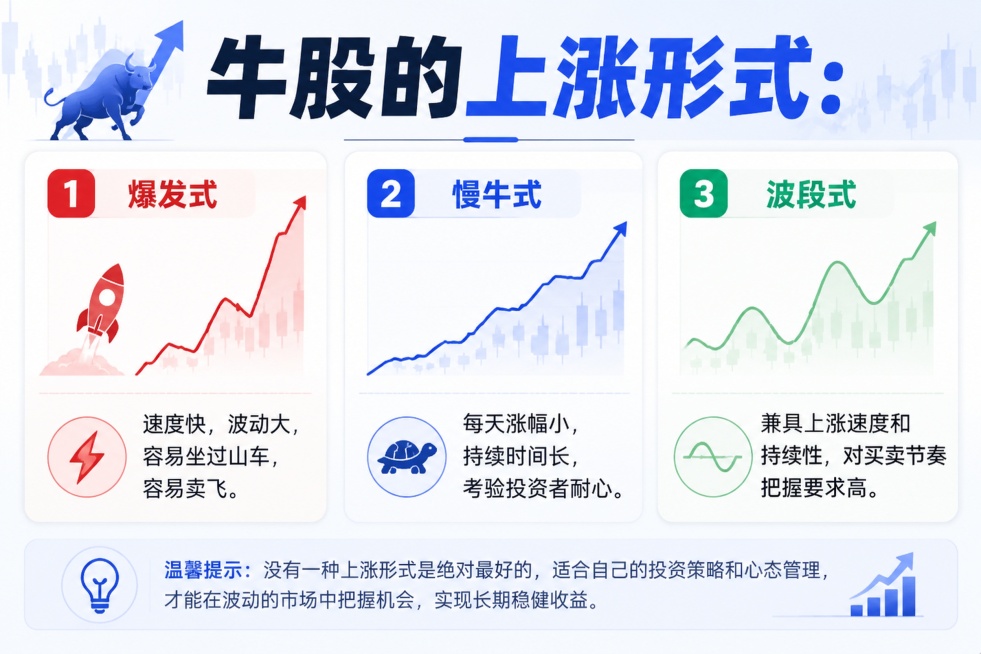 标题：牛股的上涨形式：

内容：爆发式: 速度快，波动大，容易坐过山车，容易卖飞
慢牛式: 每天涨幅小，持续时间长，考验投资者耐心
波段式: 兼县上涨速度和持续性，对买卖节奏把握有要求高预览效果