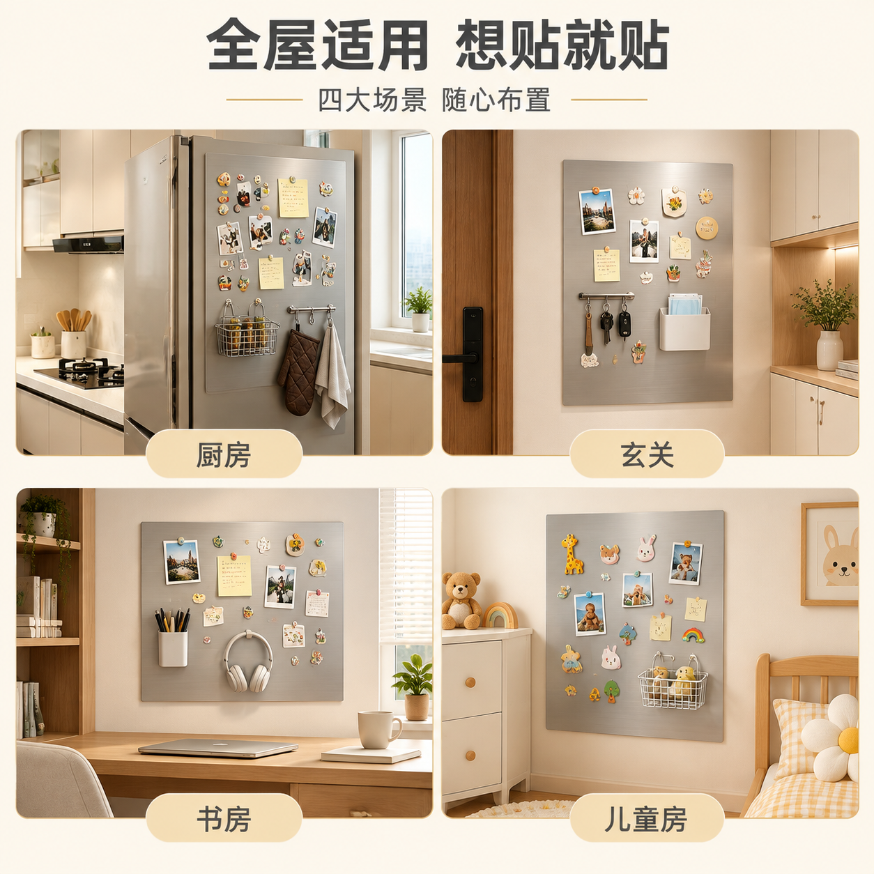 [主图-4] 家居多场景应用宫格图，展示不锈钢磁吸珐琅板在厨房… - 图片创意预览