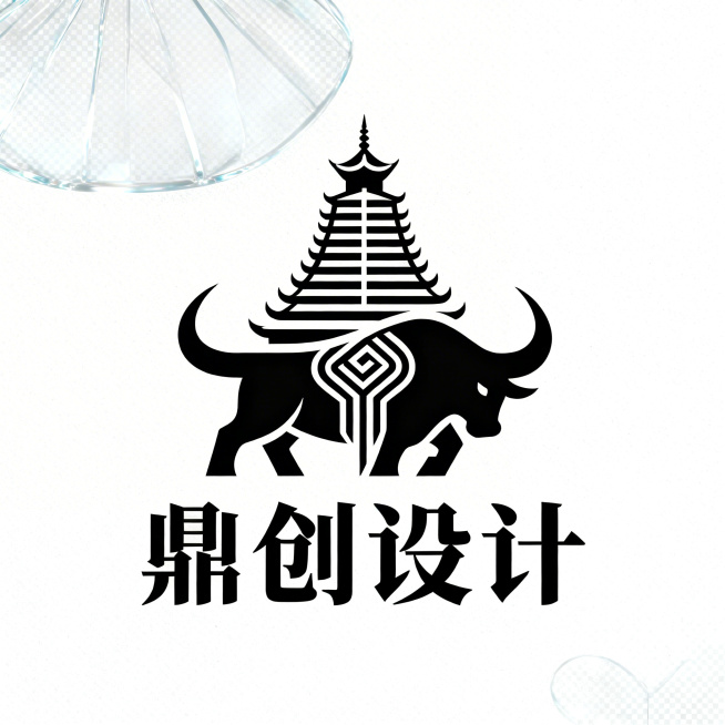 高端商务logo设计，"鼎创设计"轻奢艺术字体，极简线条全新勾勒黔东南鼓楼轮廓，重新创作抽象化苗族斗牛图腾，隐性自然融入苗族传统纹样，低饱和度莫兰迪优雅配色，严谨几何构成设计，作为广告设计品牌视觉符号预览效果