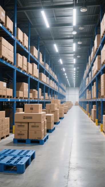 一个大型现代化仓库内部场景，采用写实摄影风格，高清晰度，明亮的工业照明从金属天花板上的长条灯具和筒灯均匀洒下，照亮整个空间。仓库内有高耸的蓝色金属货架，货架上整齐堆放着大量棕色纸箱，部分纸箱上印有黑色文字和标志。地面为灰色水泥地，多个蓝色托盘上堆叠着不同高度的纸箱，形成丰富的视觉层次。仓库空间宽敞，纵深延伸，展现出仓储的规模感和有序性，整体氛围专业、高效、整洁，具有强烈的工业仓储视觉特征。预览效果