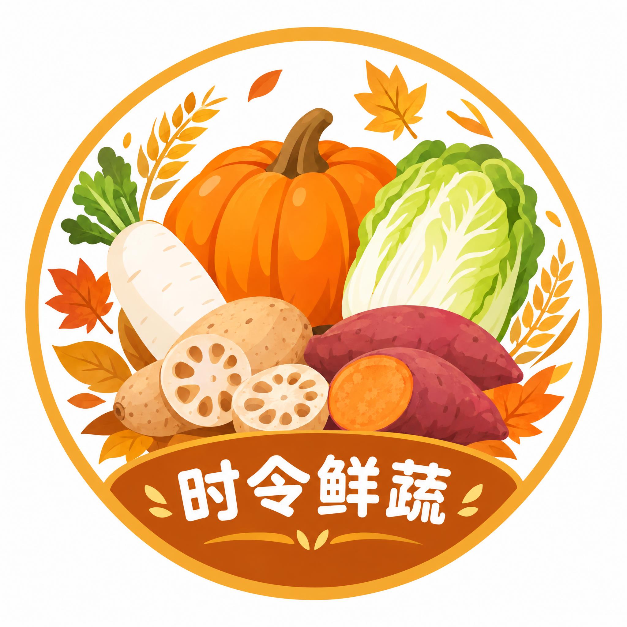 秋天主题分类图标，时令鲜蔬，圆形图标设计，秋季暖色调橙黄金棕色… - 图片创意预览