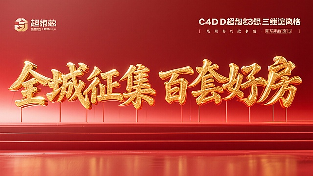 大字3D风格海报。海报中央是巨大的黄金立体书法文字“全城征集百套好房”，排成一行字，横图展示，表面有流动光泽和细腻纹理，边缘闪耀着金色辉光。正面平视的居中构图，整体以红金为主色调，背景是红色渐变。C4D渲染，电影级布光