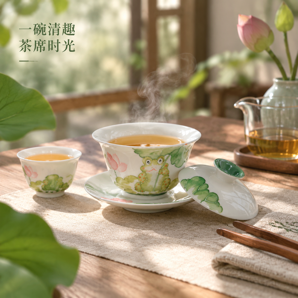 [主图-4] 手绘青蛙荷花盖碗 真实使用场景 冲泡茶席氛围 [… - 图片创意预览