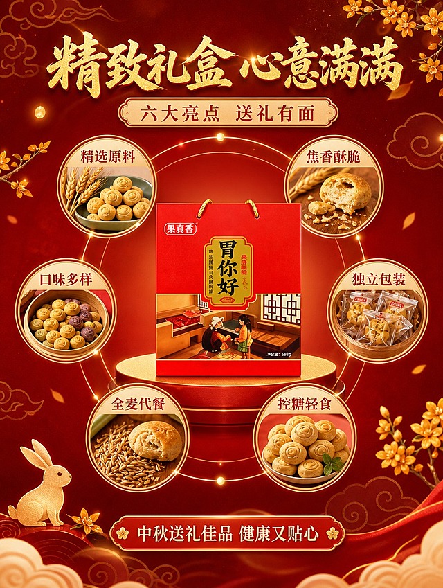 [商品] 使用【图1】中的果蔬小馒头礼盒；保留礼盒红色外观和品牌标识，居中展示礼盒主体。
[画面] 目标：礼盒卖点拆解，突出6大核心卖点和礼赠价值。构图：中心放射式，中间礼盒主体占画面约35%；周围环绕6个圆形卖点图标，呈花瓣状排列。背景深红渐变，点缀金色祥云和桂花图案。阅读动线：顶部标题→中心礼盒→周围卖点→底部总结。
[视觉] 套系策略：风格=中秋国潮喜庆商业摄影风；标题字=中式书法粗体，带轻渐变金箔质感；正文字=简洁宋体；主色=中国红+金色；背景延展=深红渐变+金色祥云暗纹+散景光效；强调色=暖金色，用于标题描边、图标边框、引线；标题色=金色+红色渐变；正文色=米白色/深棕红；组件=金色圆形卖点图标、金色引线、云纹装饰、玉兔小元素；光影=中心礼盒受顶光突出，周围图标均匀受光。
[文字] 顶部主标题「精致礼盒 心意满满」8字，金色书法大字；副标题「六大亮点 送礼有面」8字，红色小字；6个卖点分别为：「精选原料」「焦香酥脆」「口味多样」「独立包装」「全麦代餐」「控糖轻食」，每个卖点配对应小图标。底部小字「中秋送礼佳品 健康又贴心」。所有文字横排。
[规格] 图片比例3:4竖版，4K分辨率，负向提示：避免变形、错字、文字过小、冷蓝色调、图标模糊、卖点不清晰、礼盒颜色改变、单调背景。