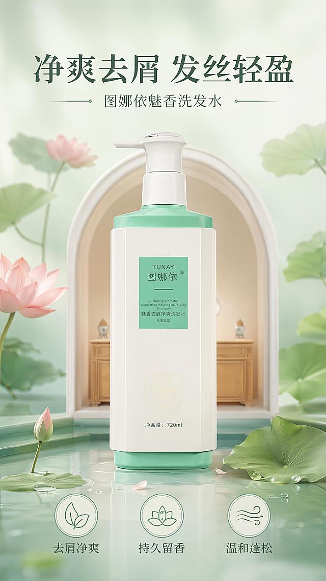 「图片1」，生成详情页，商品名称为图娜依魅香去肩净爽洗发水，适配抖音/快手平台，单图比例为9:16，需求屏数为8张。