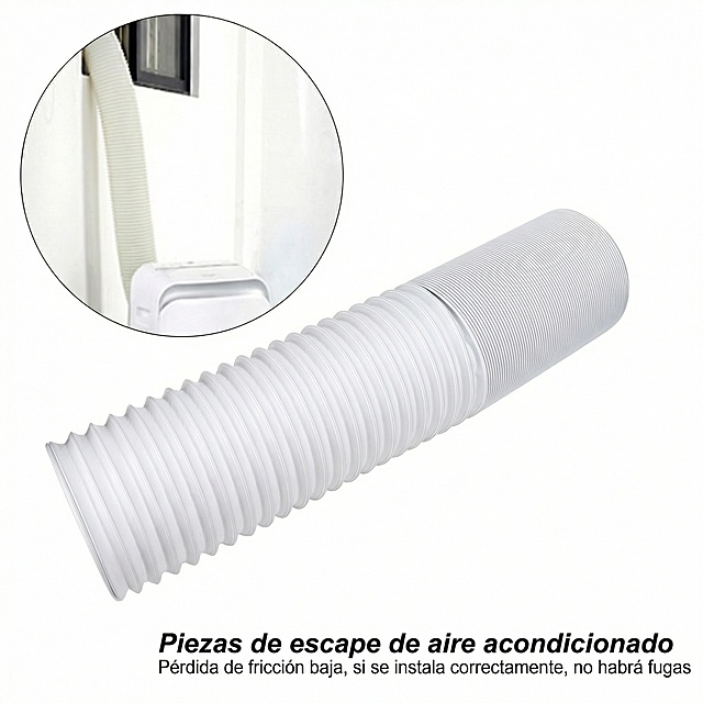 将图中文字替换为西班牙语：Piezas de escape de aire acondicionado，Pérdida de fricción baja, si se instala correctamente, no habrá fugas，保持原图片的排版和样式，尺寸为1200x1200
