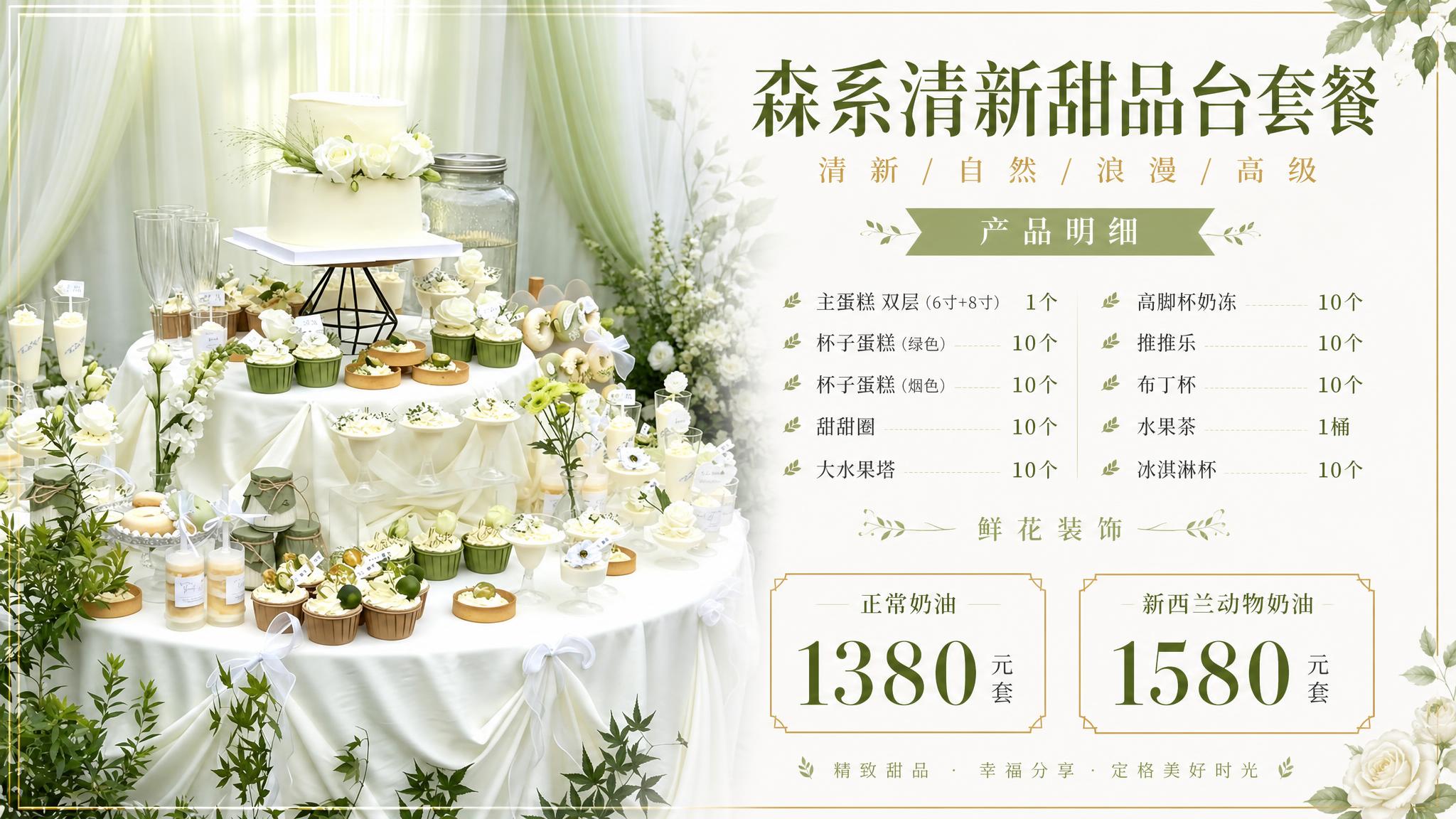 将参考图中的森系白绿色甜品台制作成横版报价海报。左侧展示精美的… - 图片创意预览